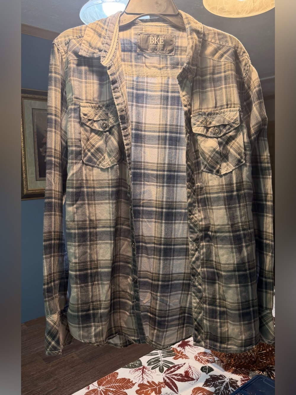 BKE Men's Plaid Shirt Jacket in Olive and Blue